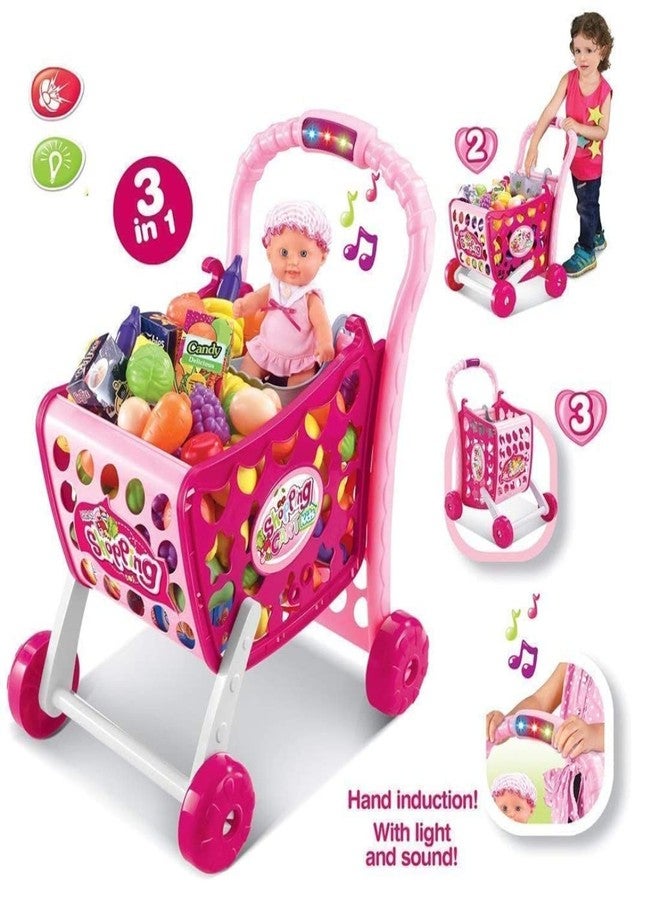 GIPTOC 3 in 1 Kids Supermarket Shopping Cart Hand Induction with Light & Sound Pretend Play Toy for Kid with Fruits & Vegetables, - Image 3